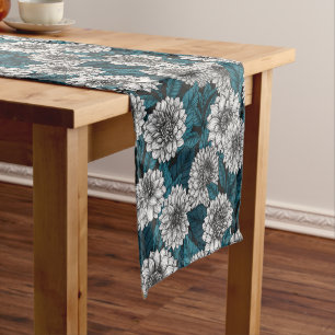 White Dahlia garden/ blue leaves 2 Short Table Runner