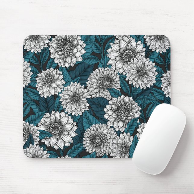 White Dahlia garden/ blue leaves Mouse Mat (With Mouse)