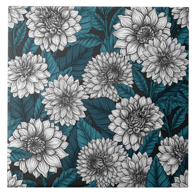 White Dahlia garden/ blue leaves Tile (Front)