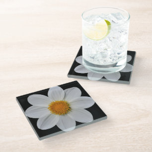 White Dahlia on Black Floral Glass Coaster
