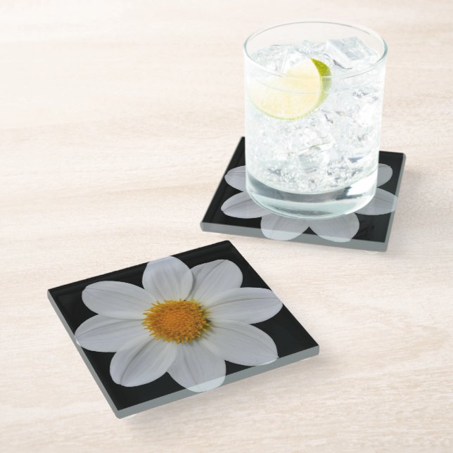 White Dahlia on Black Floral Glass Coaster (Angled)