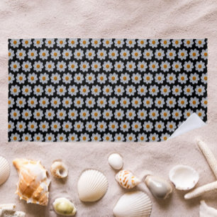 White Dahlia Pattern on Black Floral Beach Towel