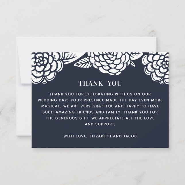 White dahlias. Modern navy blue floral wedding Thank You Card (Front)