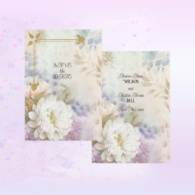 White Dahlias With Pastel Purple and Blue Accents Save The Date (Creator Uploaded)