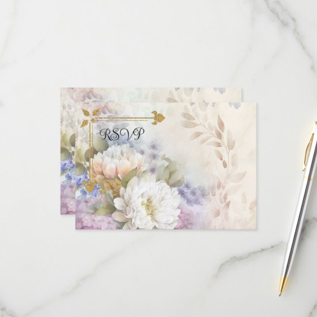 White Dahlias With Purple and Blue Accents RSVP Card (Front/Back In Situ)