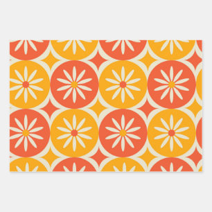 White Daises and stars on Orange Yellow circles  Wrapping Paper Sheet