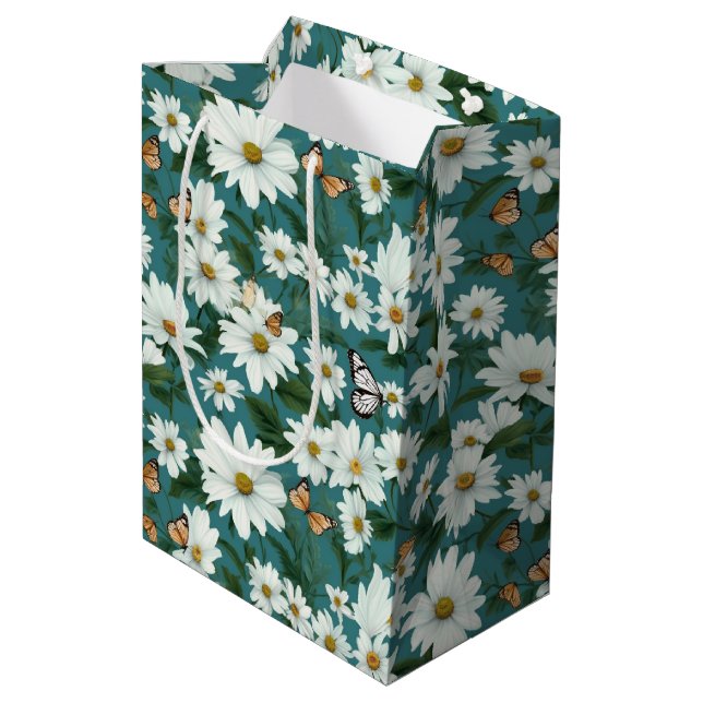 White Daisies and Butterflies Medium Gift Bag (Back Angled)