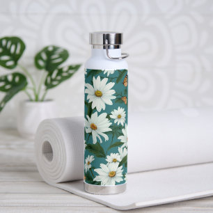 White Daisies and Butterflies Water Bottle