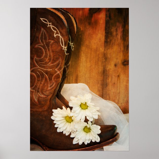 White Daisies and Cowboy Boots Western Wedding Poster (Front)