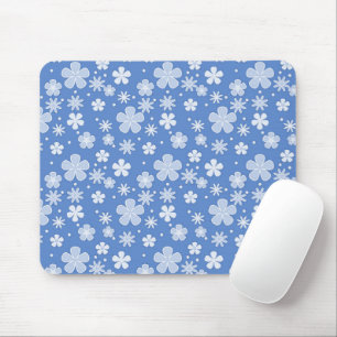 White Daisies and Dots On Blue Mouse Mat