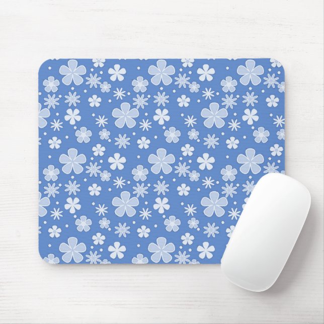 White Daisies and Dots On Blue Mouse Mat (With Mouse)