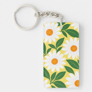 White Daisies and Green Leaves Floral Pattern Key Ring