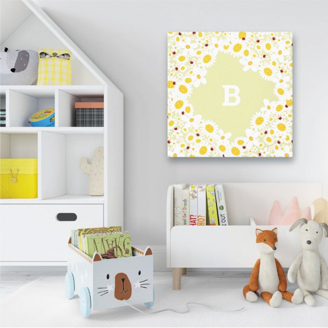 White Daisies and Ladybugs Girl Nursery Canvas Art (White Daisies and Ladybugs With Monogram Girl's Nursery / Kid's Room Canvas Wall Art @ fat_fa_tin)