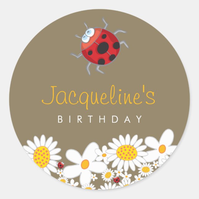 White Daisies and Ladybugs Kid's Birthday Sticker (Front)