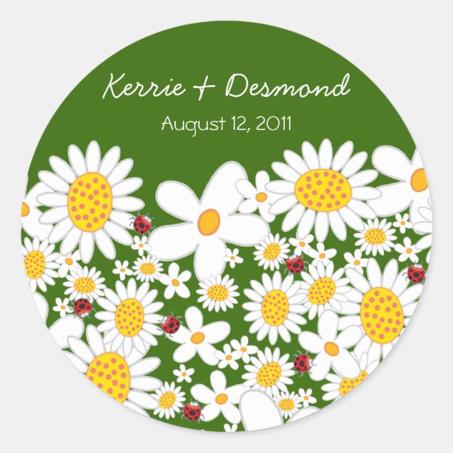 White Daisies and Ladybugs Wedding Sticker (Front)