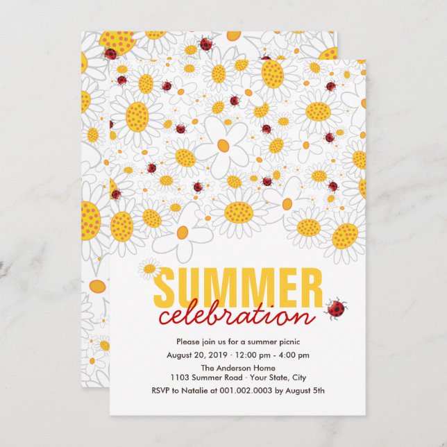 White Daisies And Red Ladybugs Summer Party Invitation (Front/Back)