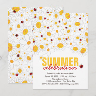 White Daisies And Red Ladybugs Summer Party Invitation