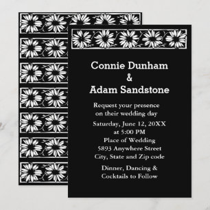 White Daisies Black Border Pattern Wedding Invitation