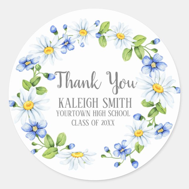White Daisies Blue Flowers Graduation Classic Round Sticker (Front)