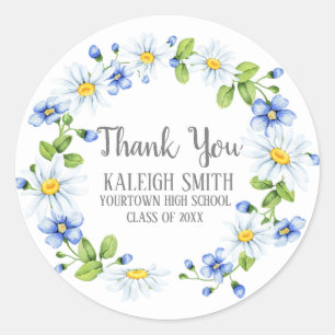 White Daisies Blue Flowers Graduation Classic Round Sticker