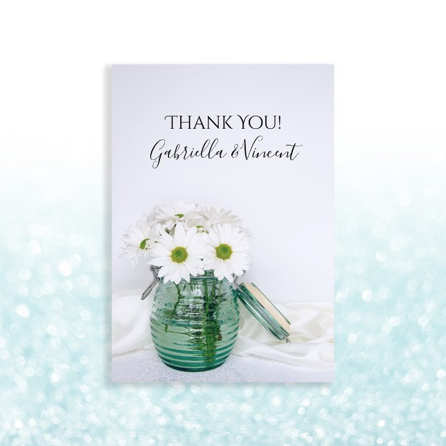 White Daisies Blue Jar Vase Wedding Thank You Note Card (Creator Uploaded)