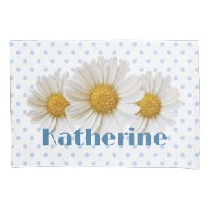 White Daisies Blue Polka Dots and Name Pillowcase