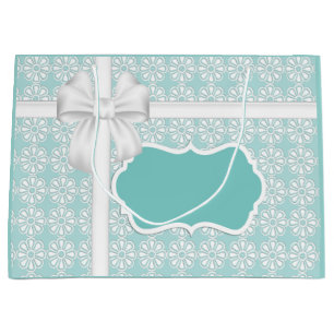 White Daisies Bow and Teal Tag Large Gift Bag