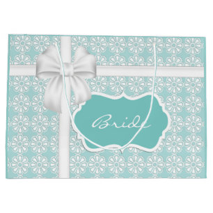 White Daisies Bow and Teal Tag Personalised Large Gift Bag