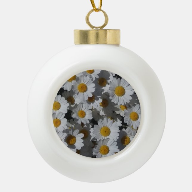 White Daisies Ceramic Ball Christmas Ornament (Front)