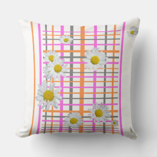White Daisies Chequered Pattern Throw Pillow