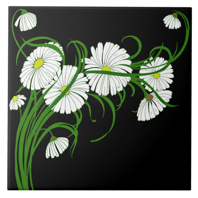 White Daisies Contrasted on Black Background Tile (Front)