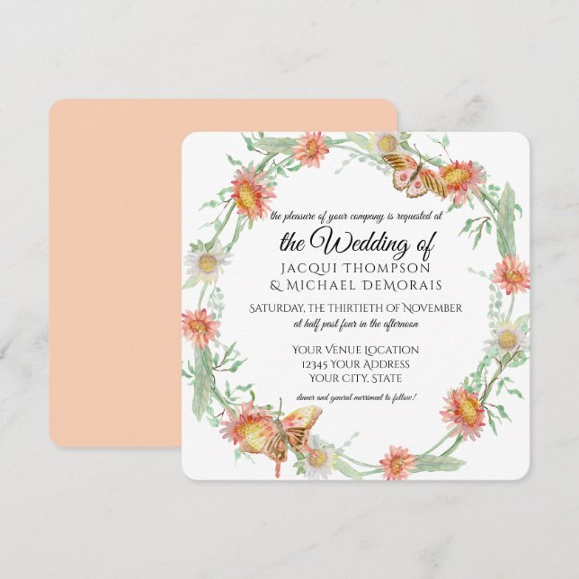 White Daisies Coral Wild Flowers Butterfly Floral Invitation (Front/Back)