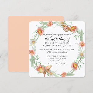 White Daisies Coral Wild Flowers Butterfly Floral Invitation