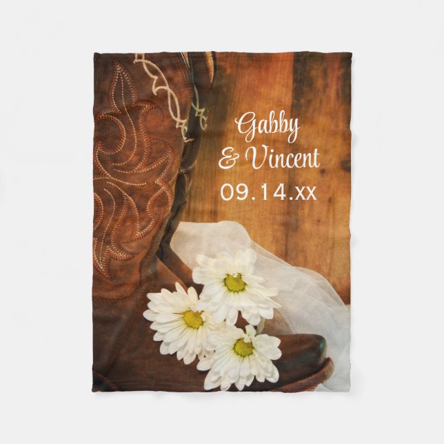 White Daisies Cowboy Boots Country Western Wedding Fleece Blanket (Front)