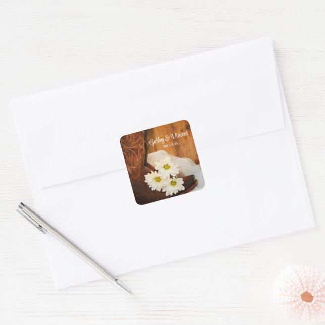 White Daisies Cowboy Boots Country Western Wedding Square Sticker (Envelope)