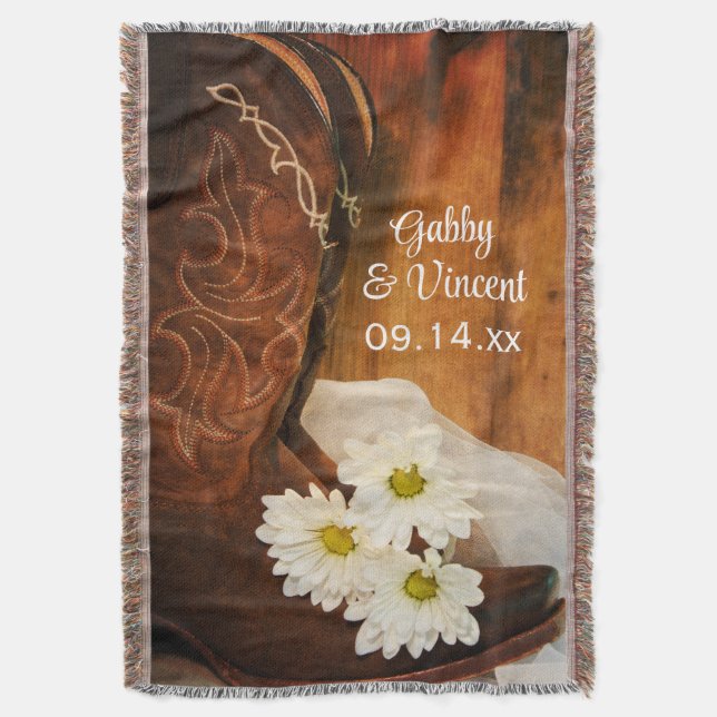White Daisies Cowboy Boots Country Western Wedding Throw Blanket (Front Vertical)
