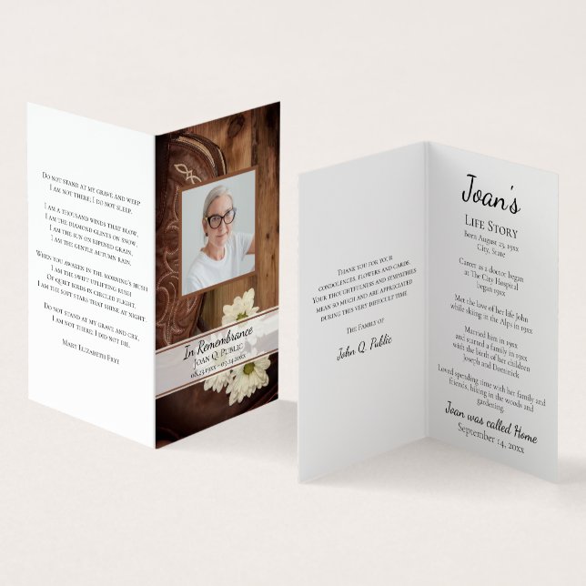 White Daisies Cowboy Boots Funeral Memorial Prayer Business Card (Inside and Outside)
