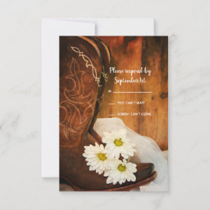White Daisies Cowboy Boots Western Wedding RSVP Card
