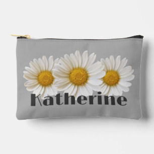 White Daisies Custom Name Grey Accessory Pouch