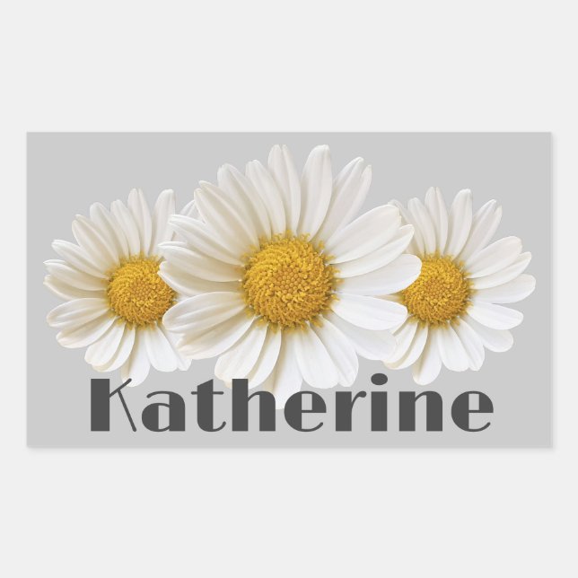 White Daisies Custom Name Grey Rectangular Sticker (Front)