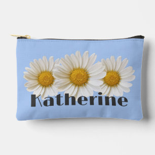White Daisies Custom Name Light Blue Accessory Pouch