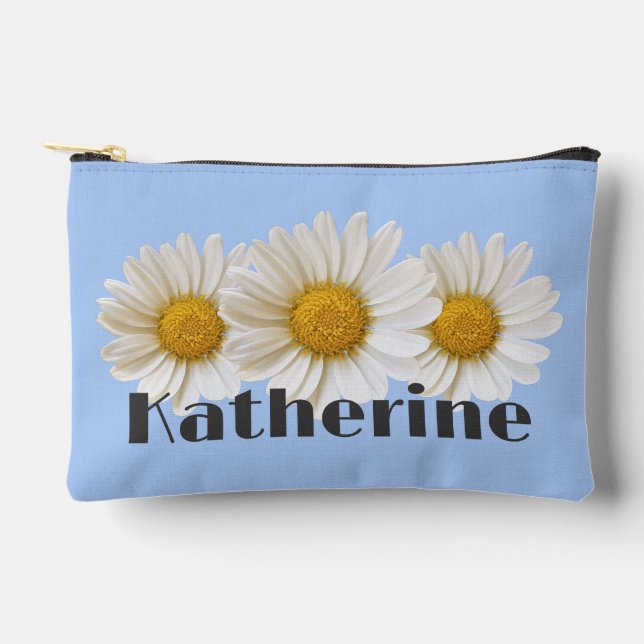 White Daisies Custom Name Light Blue Accessory Pouch (Front)