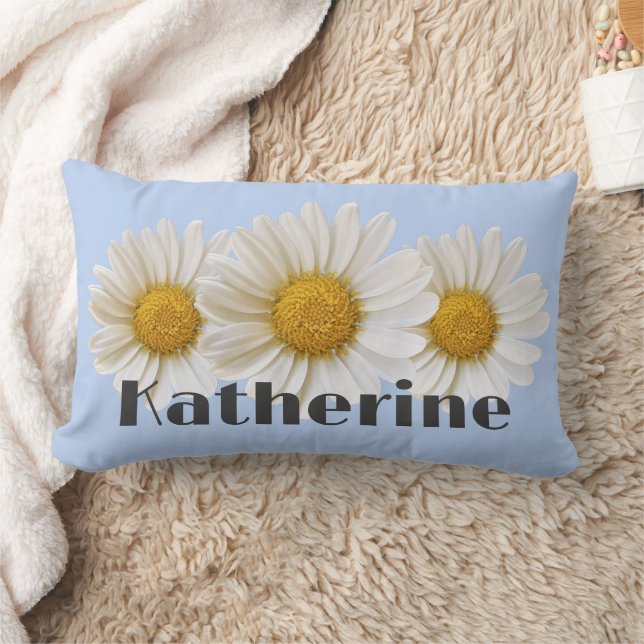 White Daisies Custom Name Light Blue Lumbar Cushion (Blanket)