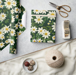 White Daisies Ditsy Floral 60s 70s Hippie Groovy Wrapping Paper