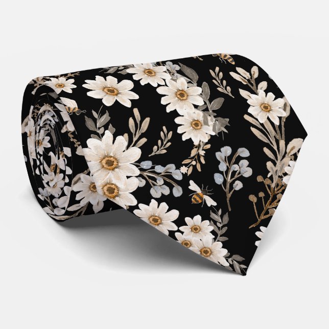 White Daisies Floral Pattern Black  Tie (Rolled)