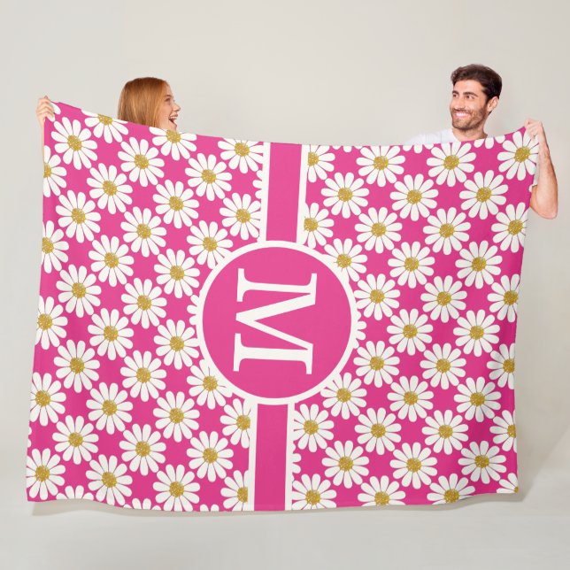 White Daisies floral patterns custom monogram Fleece Blanket (In Situ)