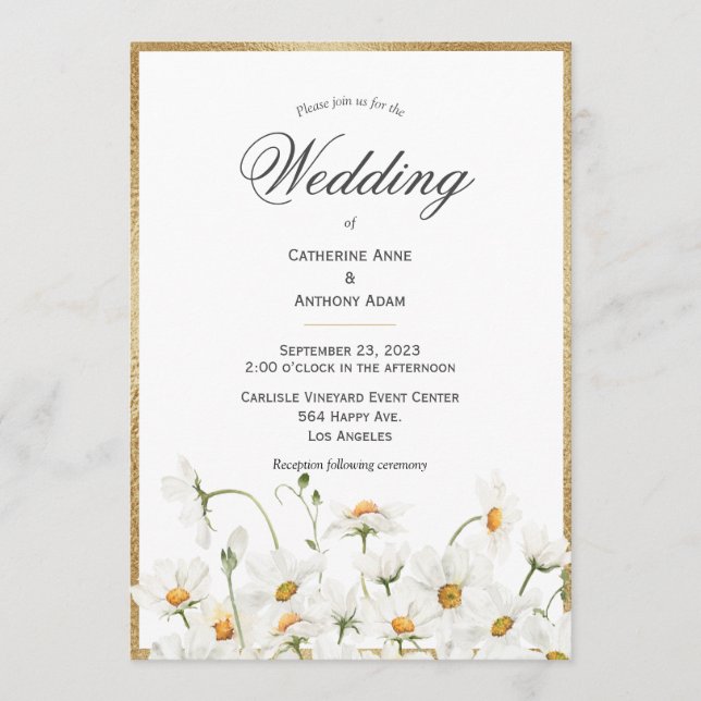 White Daisies Floral Watercolor Gold Wedding  Invitation (Front)