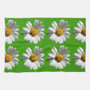 white daisies flowers pattern on green tea towel