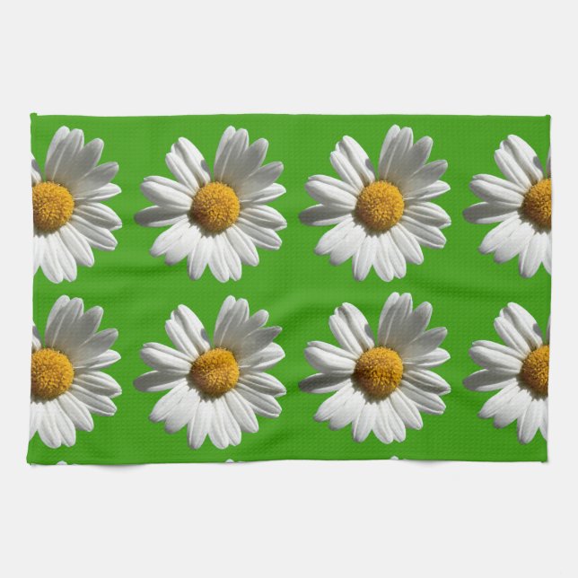white daisies flowers pattern on green tea towel (Horizontal)