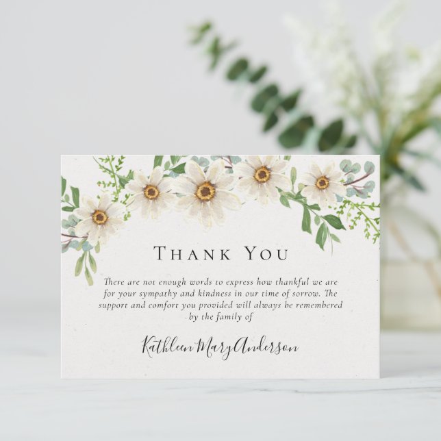 White Daisies Funeral Sympathy Floral  Thank You Card (Standing Front)